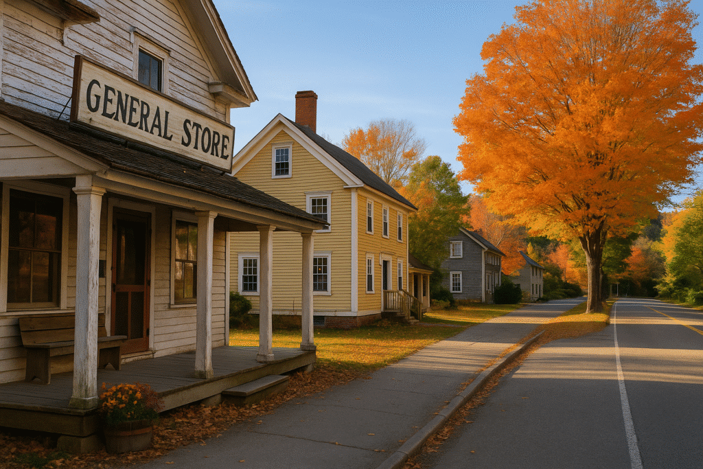 A peaceful autumn street scene capturing the magic of small town vibes, with a historic general store, colorful trees, and quiet charm.