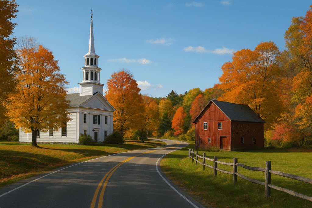 An autumn view of a quiet road winding past a white church and red barn in one of the best hidden towns in New England – my top picks.