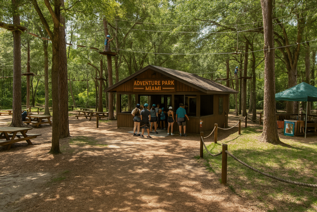 Guests lining up at the check-in cabin at Adventure Park Miami, surrounded by tall trees, picnic tables, and shaded pathways, capturing the relaxed atmosphere and positive first impressions – parking, check-in & vibes.