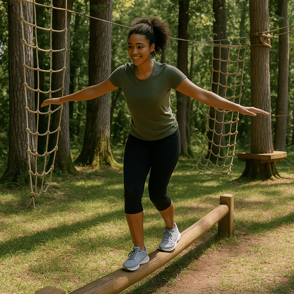 A young woman balancing confidently on a low wooden beam at an outdoor ropes course, surrounded by trees and rope elements, demonstrating that even beginners can enjoy the experience — for the fearful – can you still have fun without heights?