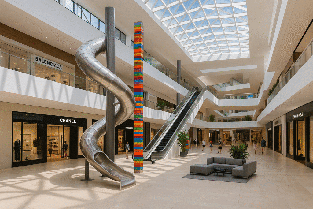 Spacious interior of Aventura Mall Miami featuring luxury stores like Chanel and Balenciaga, a giant spiral slide sculpture, and modern architecture with a glass ceiling and escalators.