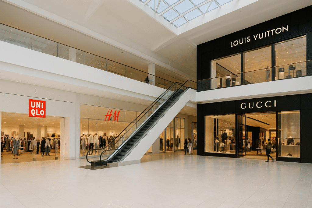 The Store Mix at Aventura Mall featuring UNIQLO, H&M, Gucci, and Louis Vuitton in a bright, modern shopping space with glass ceilings and escalators.