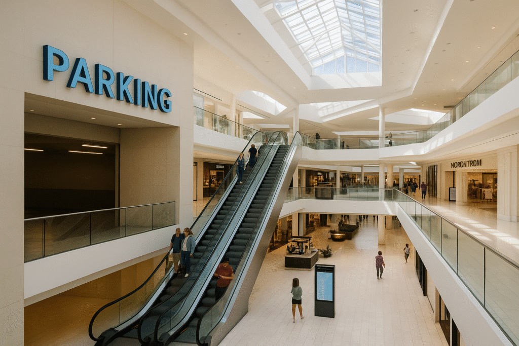 First-Time Tips – What to Know Before You Go at Aventura Mall showing escalators, a parking garage entrance, directory kiosk, and shoppers navigating a bright, multi-level retail space.