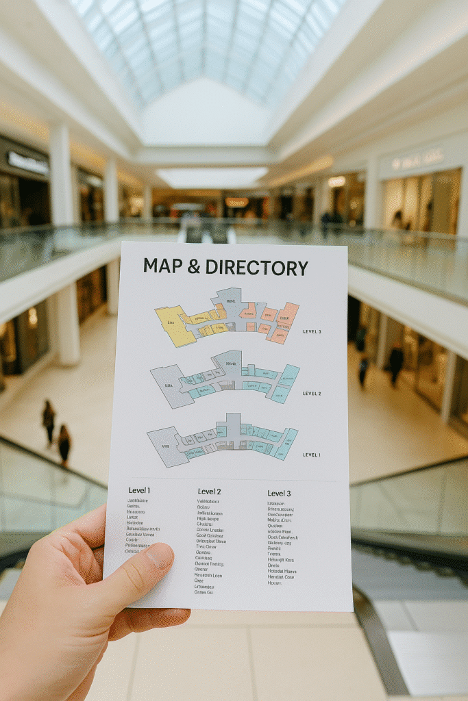 Grab a Map at Aventura Mall—close-up of a hand holding a printed mall directory in a bright, multi-level shopping center with stores and escalators in the background.
