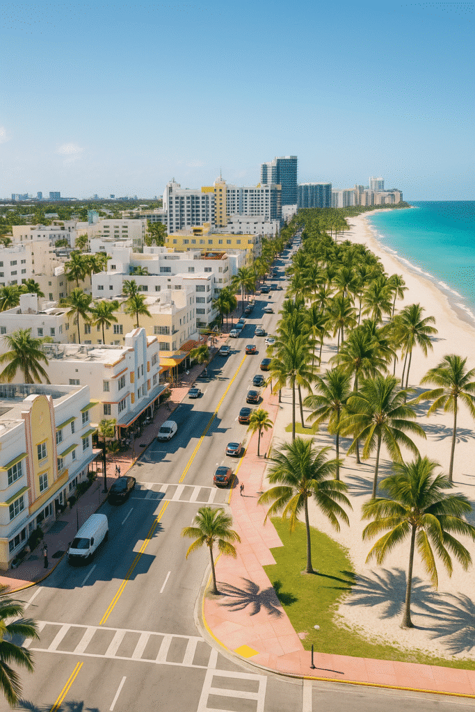 Aerial view of Collins Avenue Miami Beach FL 33139 – Where to Stay & Explore, showing palm-lined streets, Art Deco buildings, and the turquoise shoreline along South Beach.