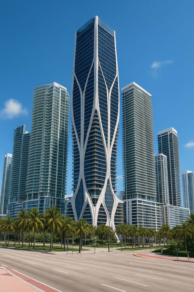 Exterior view of 1000 Museum Miami – Architectural Marvel & High‑End Living, showcasing its futuristic exoskeleton design surrounded by sleek glass towers and palm-lined streets.
