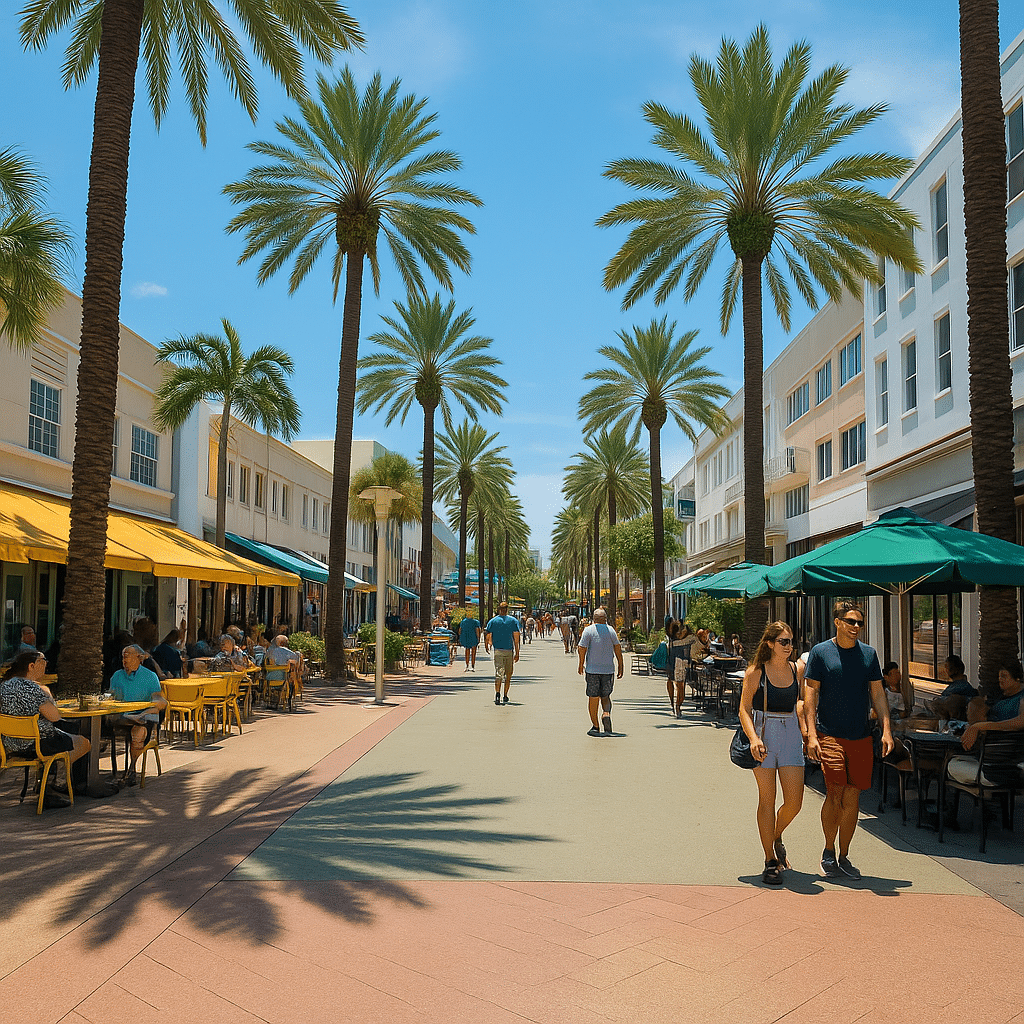 Palm-lined pedestrian street bustling with people, outdoor cafés, and shops on a sunny day — featured in Your Guide: 15 Best Things to Do in Miami.