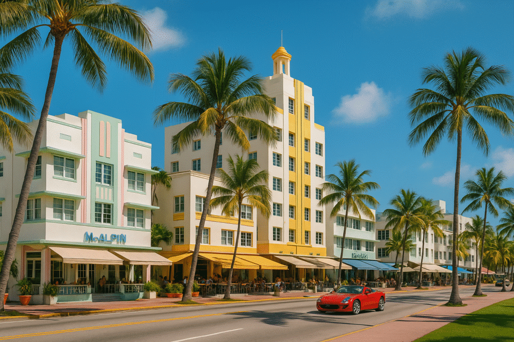 Art Deco buildings and palm trees line a sunny street in South Beach, capturing the vibrant atmosphere of Collins Avenue—one of the top things to do in Miami.