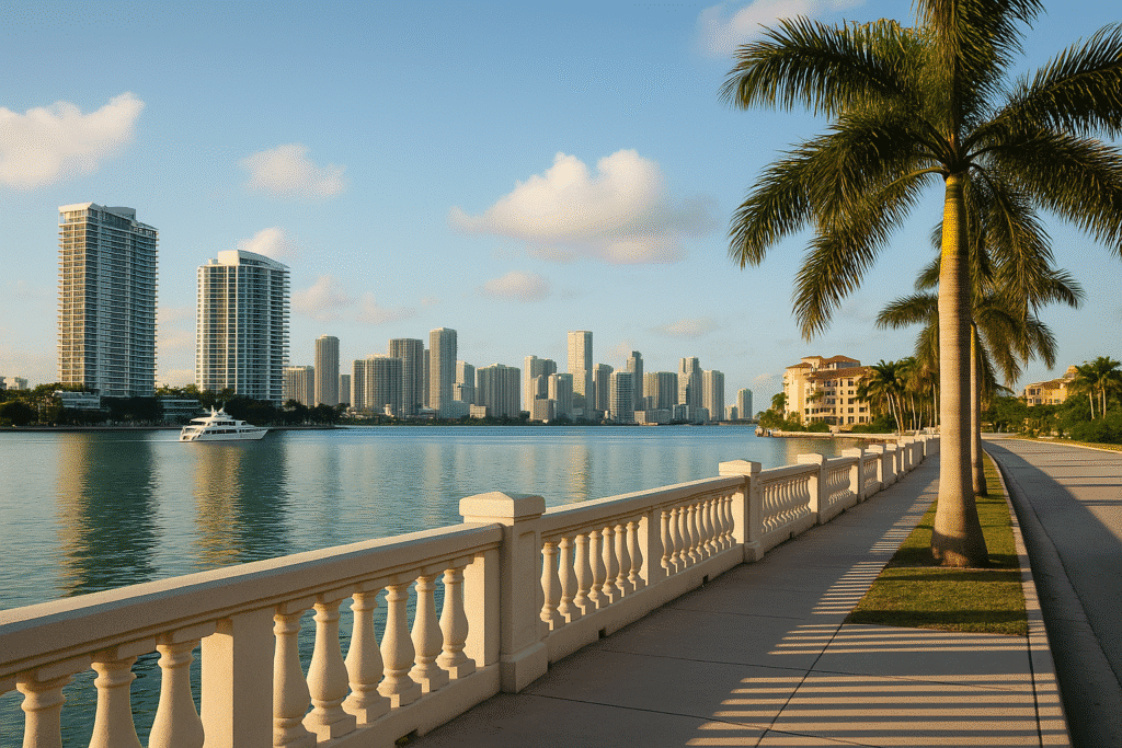Scenic waterfront view along Venetian Way Miami Beach FL, featuring palm-lined paths, luxury condos, and a yacht cruising by—capturing the essence of luxe living and scenic views.