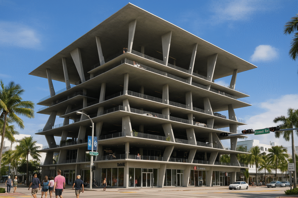 Iconic modern structure at 1111 Lincoln Road Miami, featuring open-air architecture, street-level shops, and pedestrians enjoying the vibrant shop, eat, and people-watch scene.