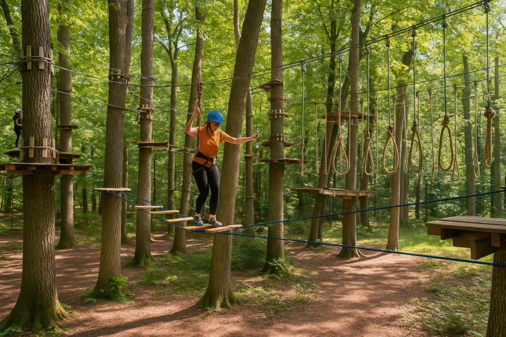 A visitor navigates a rope obstacle high in the trees at Adventure Park Miami, capturing the thrill and fun of zip-lines, ropes, and laughable screams.