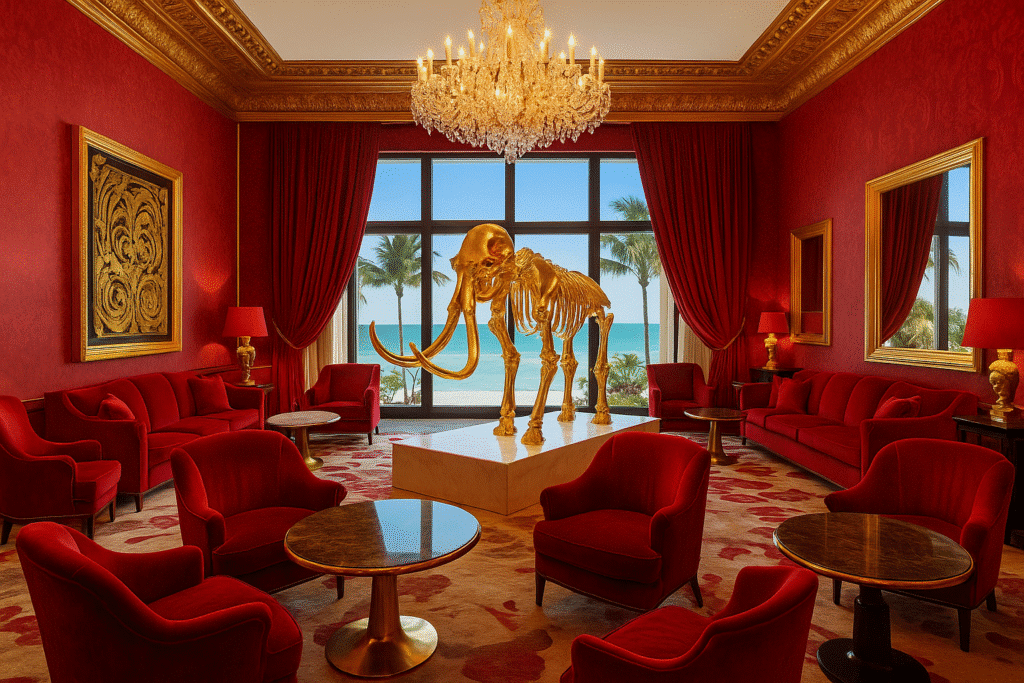 Opulent hotel lobby in Miami with red velvet furnishings, a grand chandelier, and a golden mammoth sculpture, perfectly capturing the vibe of “Luxe Without Limits – High-End Splurges.”