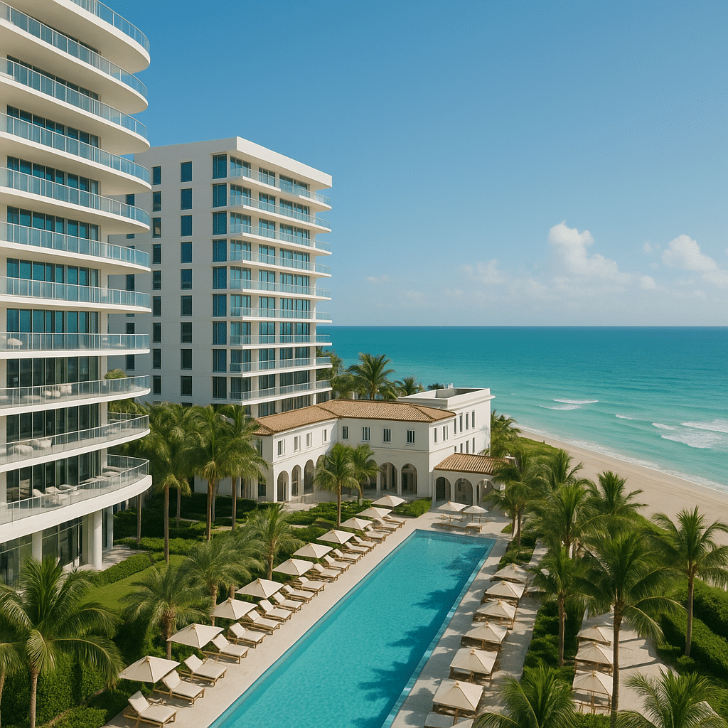 Elegant beachfront view of the Four Seasons Hotel at The Surf Club, featuring sleek modern towers, a sunlit pool lined with palm trees, and the turquoise waters of the Atlantic Ocean.