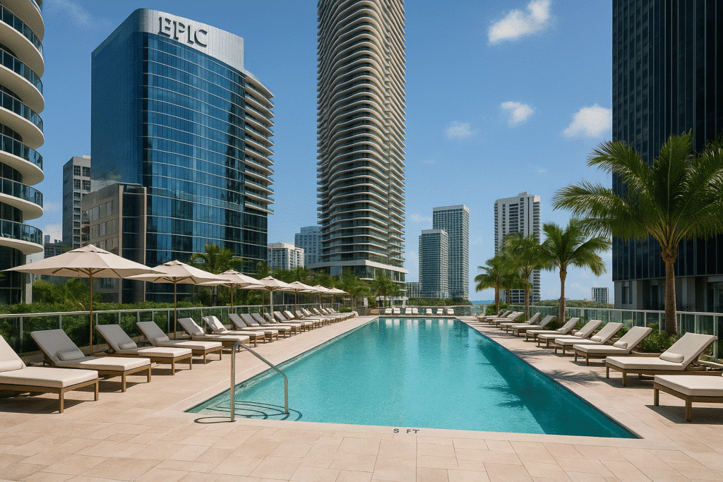Rooftop pool at the Kimpton EPIC Hotel in Miami, surrounded by lounge chairs, palm trees, and city skyscrapers under a bright blue sky.