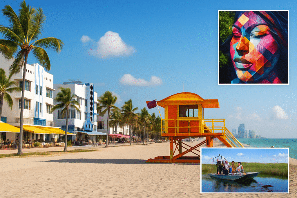 Colorful view of South Beach with art deco buildings, a bright lifeguard tower, Wynwood Walls mural, and an Everglades airboat tour—highlighting some of the best tourist attractions in Miami.