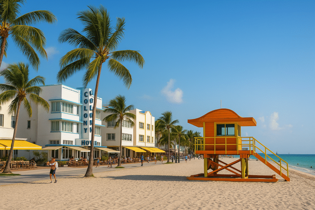 Bright morning at South Beach with colorful lifeguard tower, palm trees, and pastel art deco buildings—capturing the vibrant vibe of “South Beach – More Than Just a Pretty Face.”