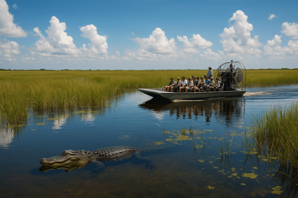 Airboat tour gliding through the wetlands of Everglades National Park with tourists and a visible alligator—capturing the wild beauty of “Everglades National Park – Where Things Get Wild.”
