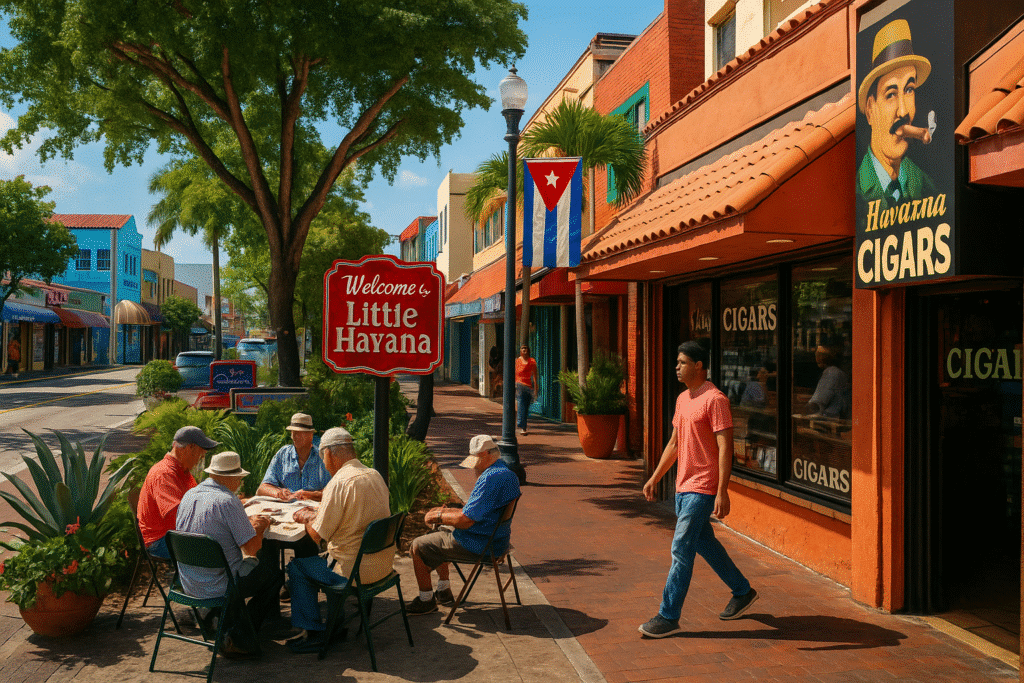 Street scene in Little Havana with locals playing dominoes, Cuban flags, cigar shops, and colorful buildings—capturing the charm of “Little Havana – A Taste of Cuba Without Leaving the Country.”