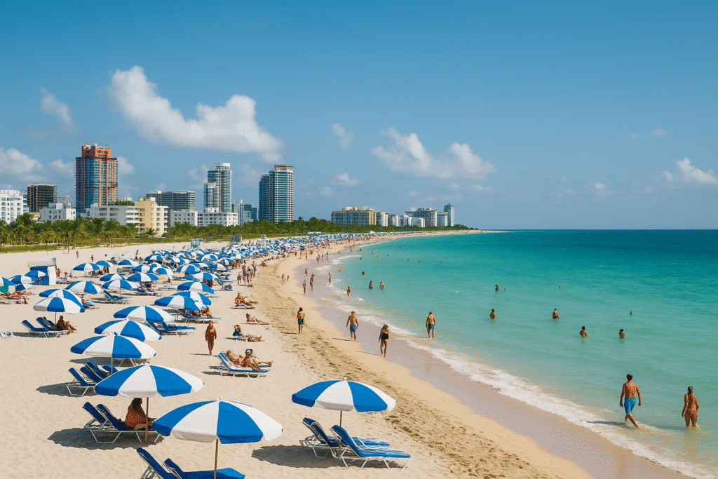 Sunbathers and swimmers enjoying a sunny day on South Beach, capturing the vibe of “Hit the Beach: Miami's Original Free Playground.”