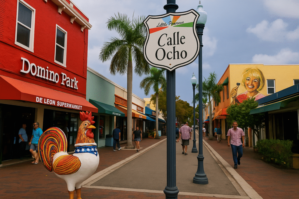 Colorful street scene along Calle Ocho with murals, palm trees, and lively locals, capturing the essence of “Little Havana Stroll: Culture, Coffee, and Calle Ocho Vibes.”