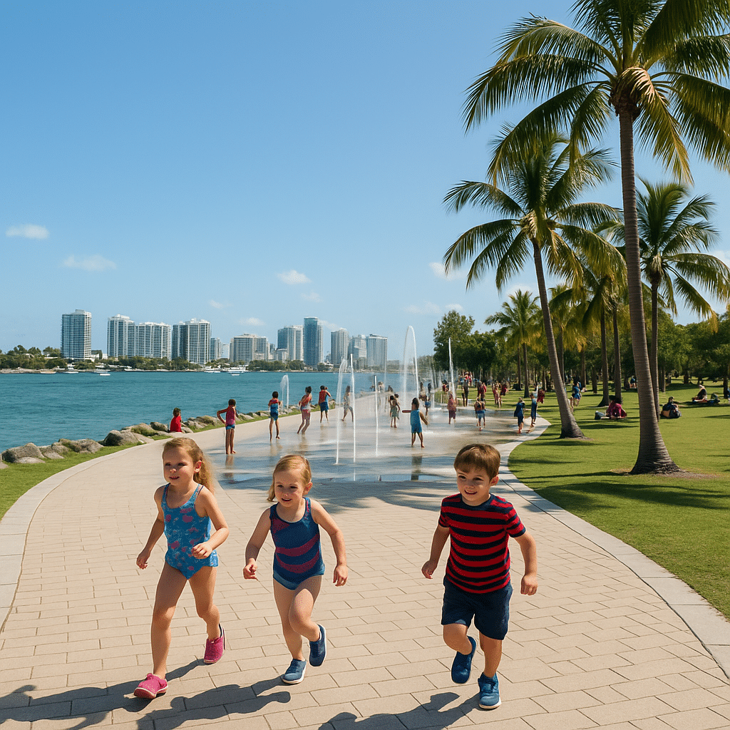 Children running near a splash pad along the waterfront with palm trees and city views, showcasing “Free Things to Do in Miami with Kids: Keep the Fam Busy.”