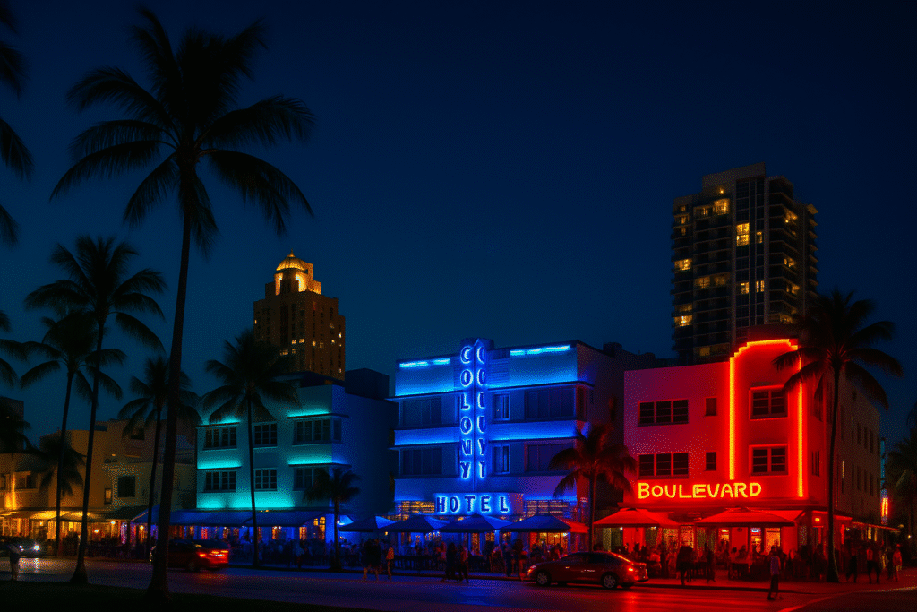 Colorful view of Ocean Drive’s neon-lit buildings and palm trees at night, capturing the vibrant nightlife vibe for things to do in Miami at night.
