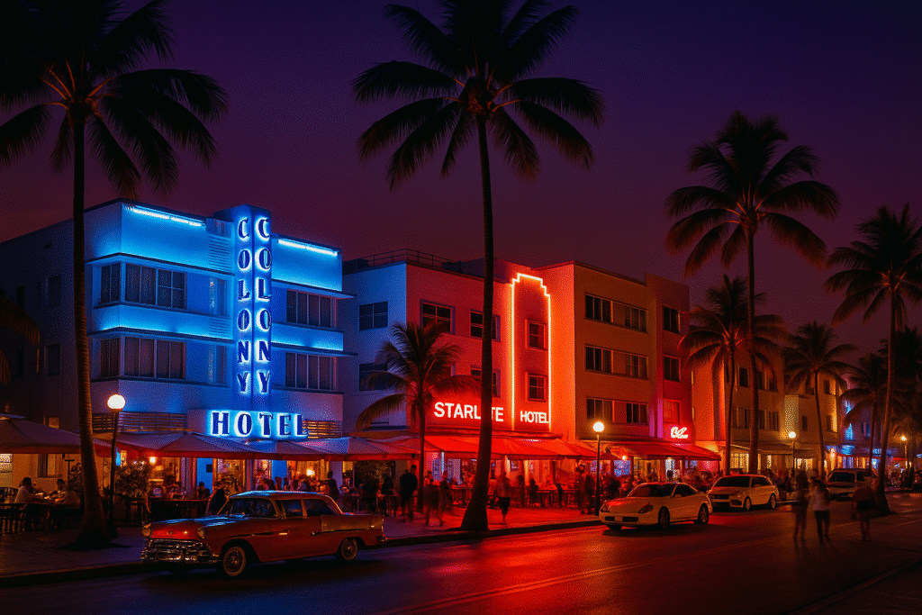 Neon-lit hotels and palm trees along Ocean Drive capture the vibrant energy of South Beach Miami at night, with vintage cars and lively crowds.