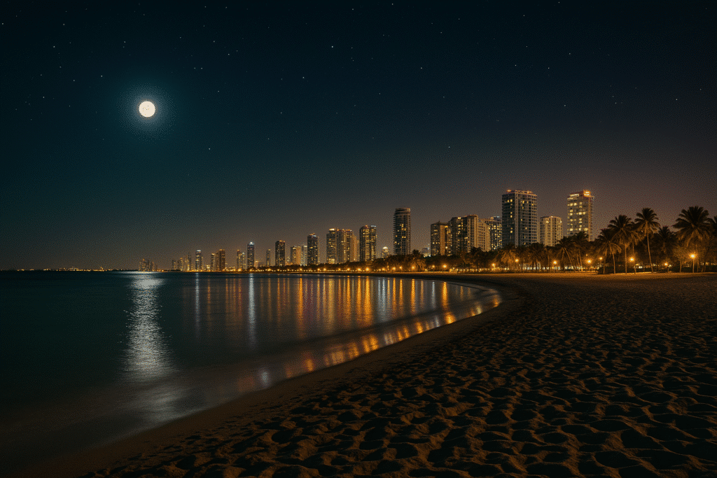 Peaceful moonlit beach with Miami skyline reflecting on the water, perfect for highlighting free things to do in Miami at night like stargazing and shoreline walks.
