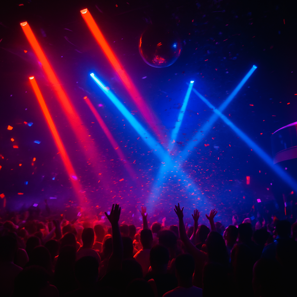 Crowd dancing under colorful lights and confetti at a packed club, capturing the high-energy vibe of Miami nightlife events.