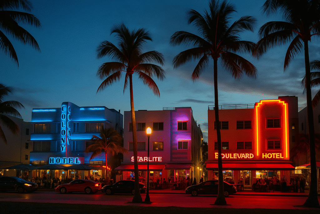 Colorful neon-lit Art Deco hotels and palm trees line Ocean Drive at twilight, showcasing iconic Ocean Drive Miami attractions.