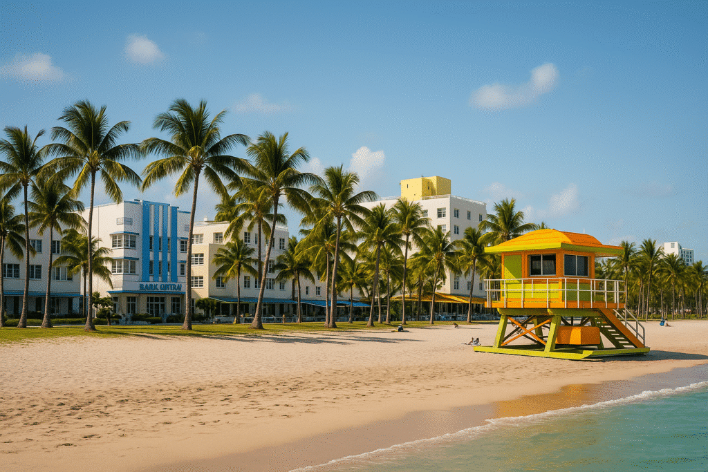 Colorful lifeguard tower, palm trees, and Art Deco buildings create the perfect scene of Beach Bliss Right Across the Street in Miami.