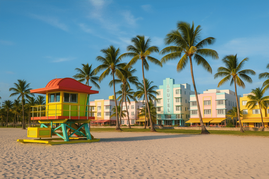 Brightly painted lifeguard tower, palm trees, and pastel Art Deco buildings on a sunny beach—perfectly capturing Free Things to Do on Ocean Drive (Yes, Free-Free).