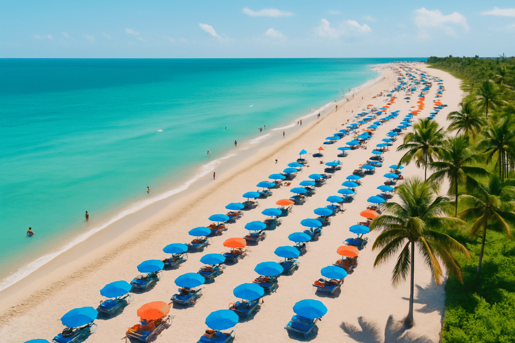 Aerial view of one of the best beaches in Miami, featuring turquoise water, soft white sand, and rows of colorful umbrellas lined with palm trees on a sunny day.