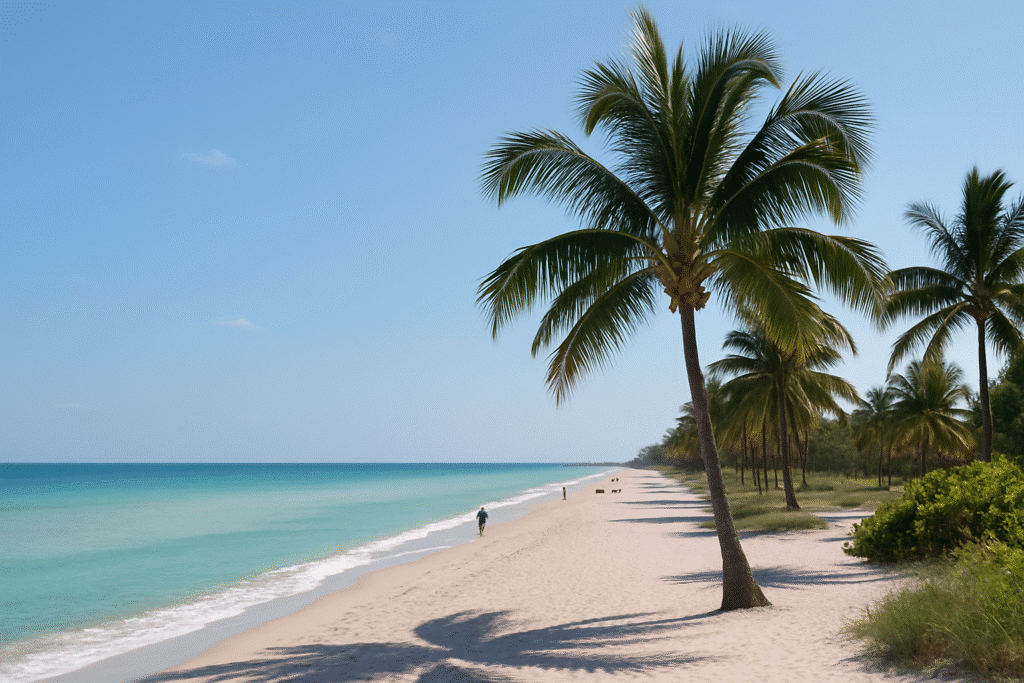 Peaceful morning at North Beach – The Chill, Grown-Up Sibling, with calm turquoise water, soft sand, and palm trees lining the quiet shoreline.