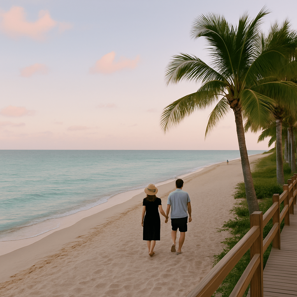 Surfside – For the Couples and the Quiet Types, showing a romantic beach walk at sunset with a couple strolling hand-in-hand beside calm turquoise waters and palm trees.