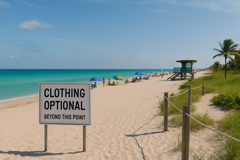 Haulover Beach – Yup, That’s the One with the Clothing-Optional Section, showing a sunny shoreline with colorful umbrellas, beachgoers, a lifeguard tower, and a clear “Clothing Optional” sign.