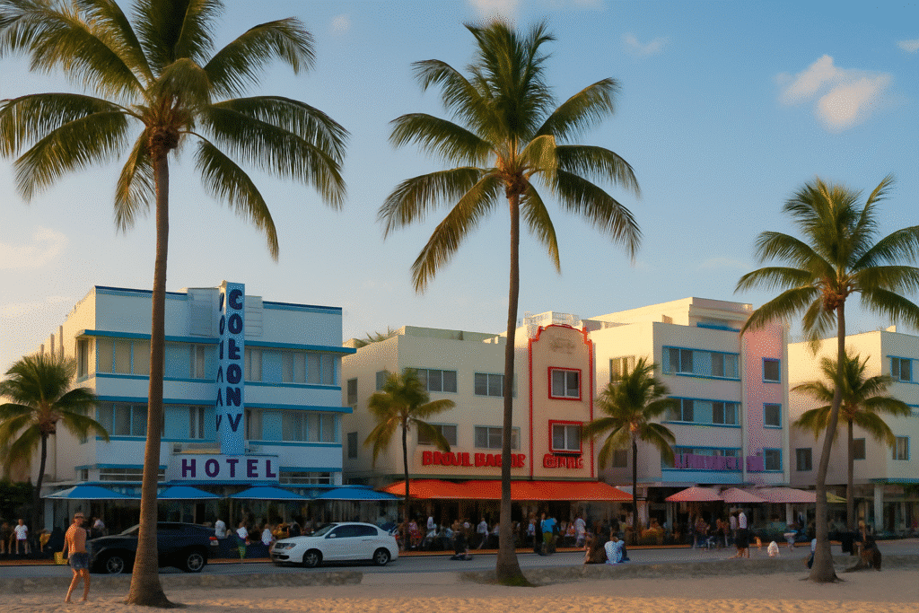 Art Deco buildings and palm trees line Ocean Drive at sunset, showcasing one of the best things to do in Miami—explore South Beach.