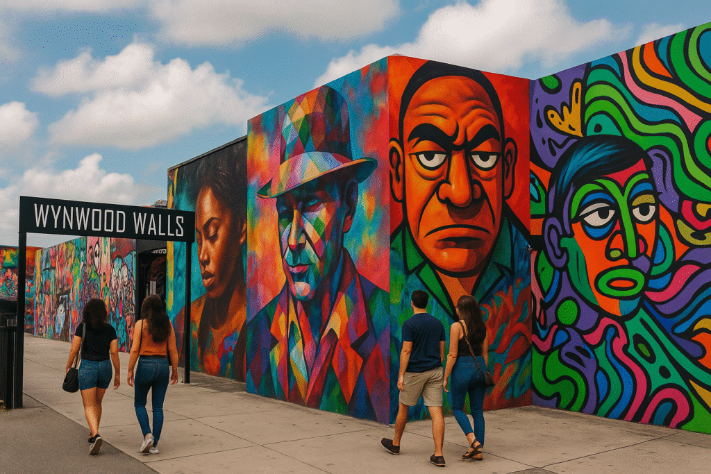 Colorful murals at Wynwood Walls with visitors walking by, capturing the vibrant energy of Wynwood Walls & Beyond: Miami’s Art Scene is Wild.