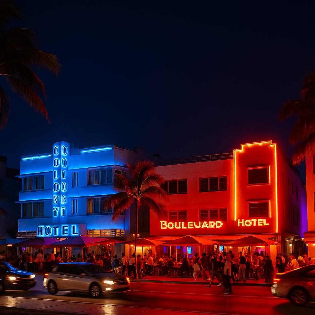 Neon-lit hotels and bustling nightlife along Ocean Drive capture the electric energy of South Beach Nights: Yes, the Hype Is Real.