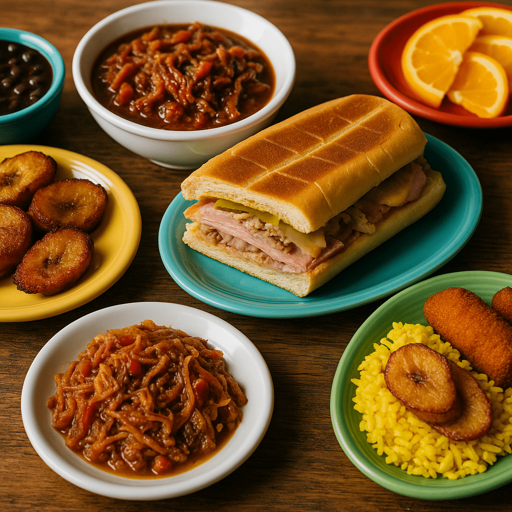 A colorful spread of Cuban dishes including a Cuban sandwich, plantains, and shredded beef captures why Miami’s Food Scene Will Ruin You (In the Best Way).