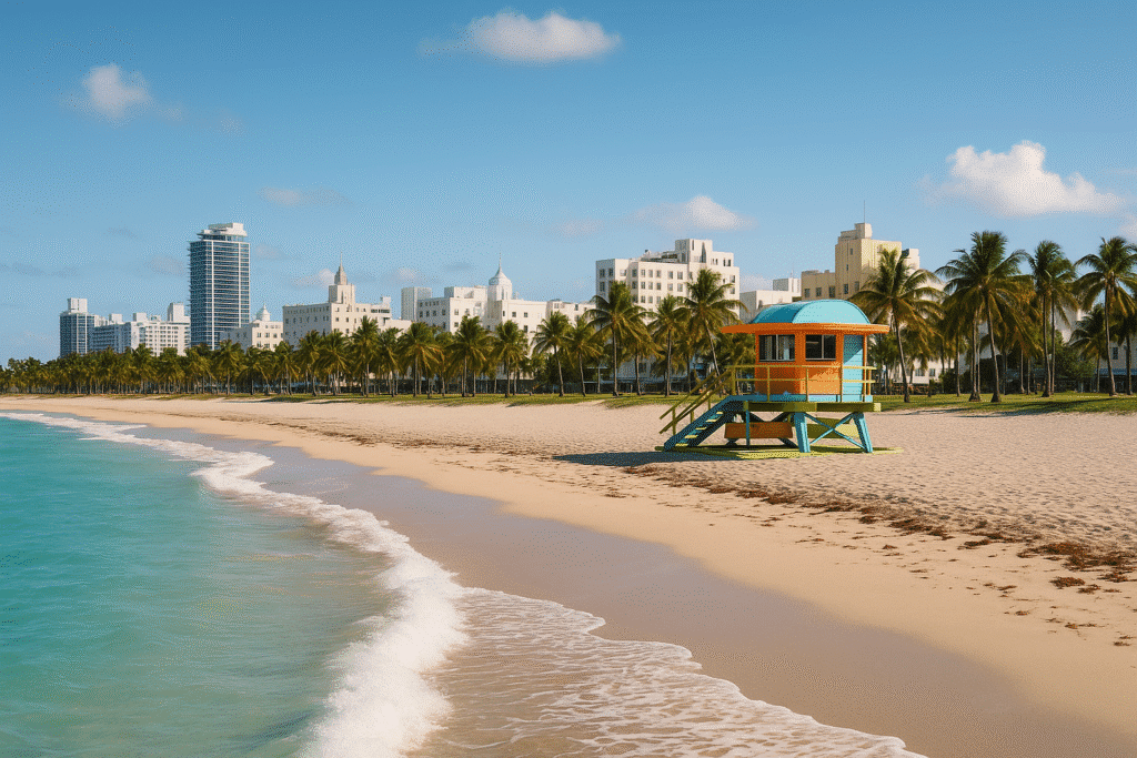 Colorful lifeguard tower on a sunny Miami Beach with palm trees and Art Deco buildings in the background, showcasing one of the best free things to do in Miami.