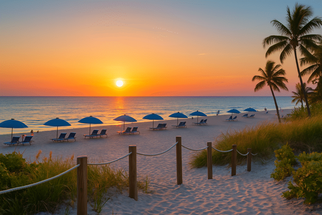 Peaceful sunset view at North Beach with rows of blue umbrellas, palm trees, and gentle ocean waves—perfect for a chill escape.