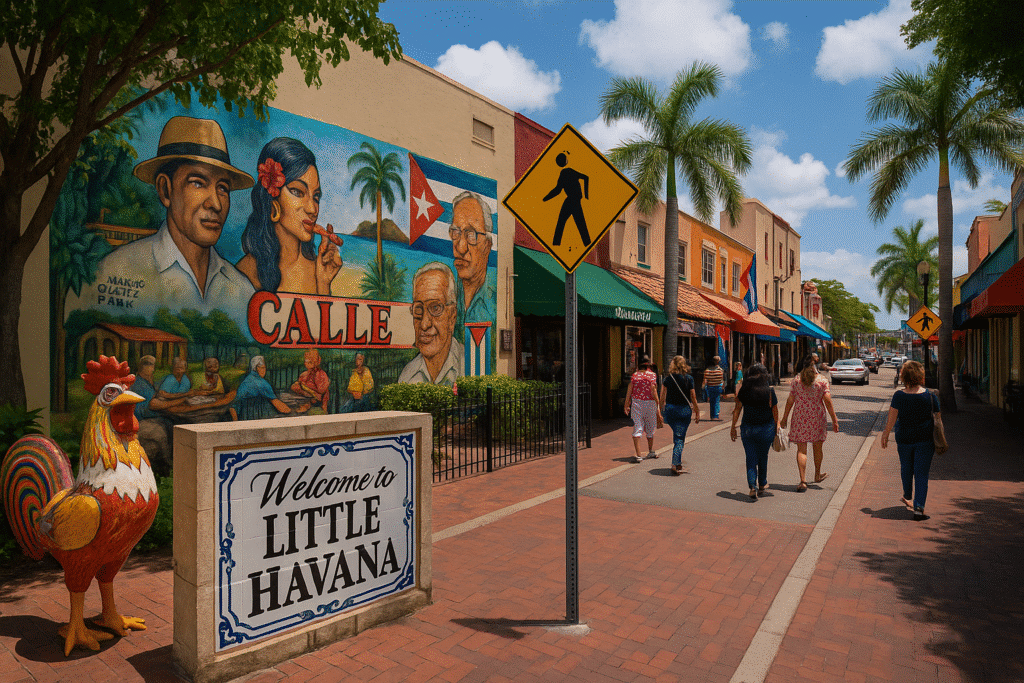 Colorful street view of Calle Ocho in Miami with Cuban murals, palm trees, and pedestrians, capturing the vibe of a Little Havana Walkthrough.