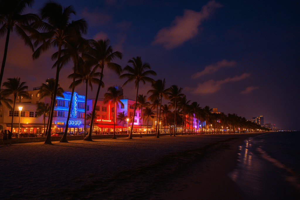 Neon-lit Art Deco buildings and palm trees along Miami Beach at night, highlighting the vibrant atmosphere of When the Sun Goes Down – Free Things to Do in Miami at Night.