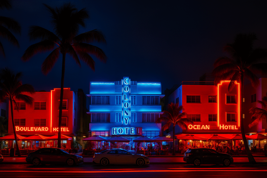 Neon-lit buildings and palm trees glowing along Ocean Drive, capturing the vibrant nightlife in Miami Beach.