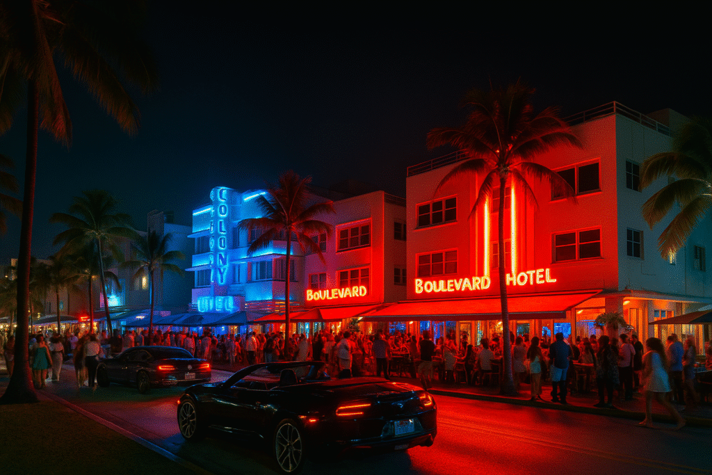 Crowds fill the neon-lit sidewalks of Ocean Drive with luxury cars cruising past, capturing the energy of South Beach after dark—the true pulse of the city.