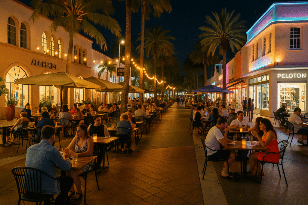 People enjoying candlelit dinners under palm trees and string lights along Lincoln Road, capturing the vibe of “Tonight’s Plan? Here's What to Do in Miami Beach at Night.