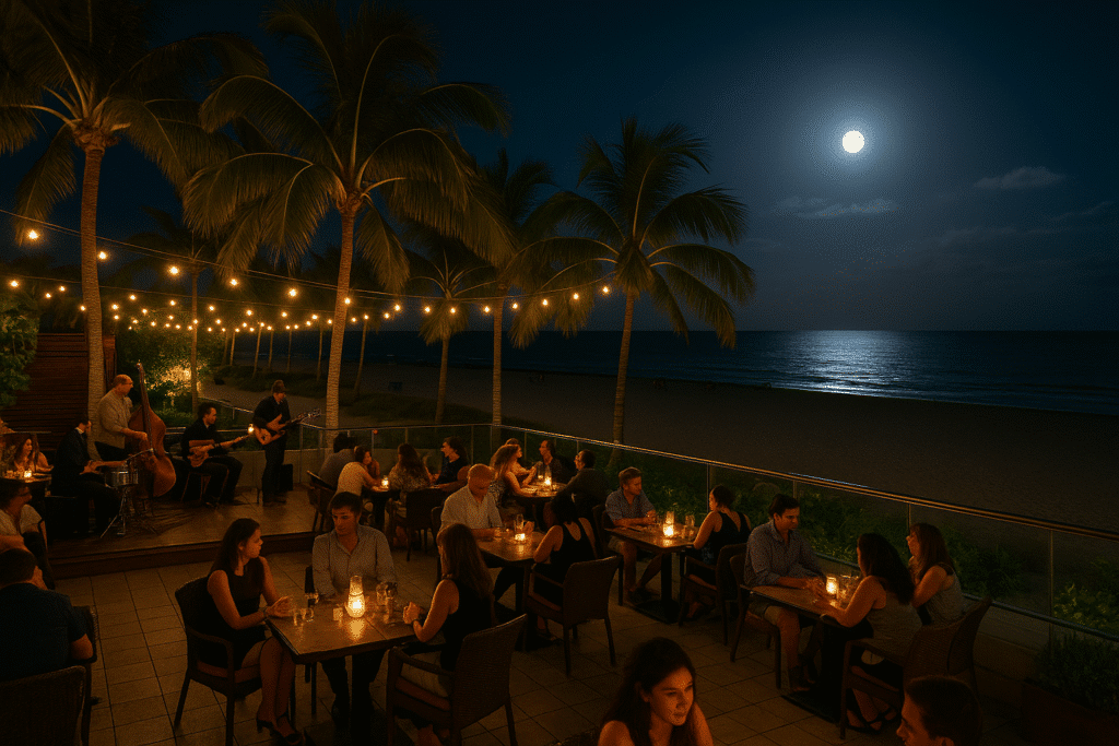 A rooftop bar overlooking the ocean under moonlight, with couples dining and a jazz band playing—capturing the vibe of “Sunday Night in Miami Beach? Oh, It's Still Lit.