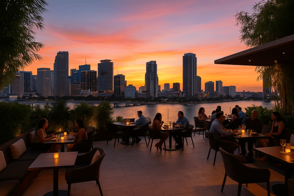 Guests enjoy dinner at a stylish rooftop restaurant in Miami at sunset, with stunning skyline views—perfect for “Dinner With a Side of Skyline: Iconic Rooftop Views.”