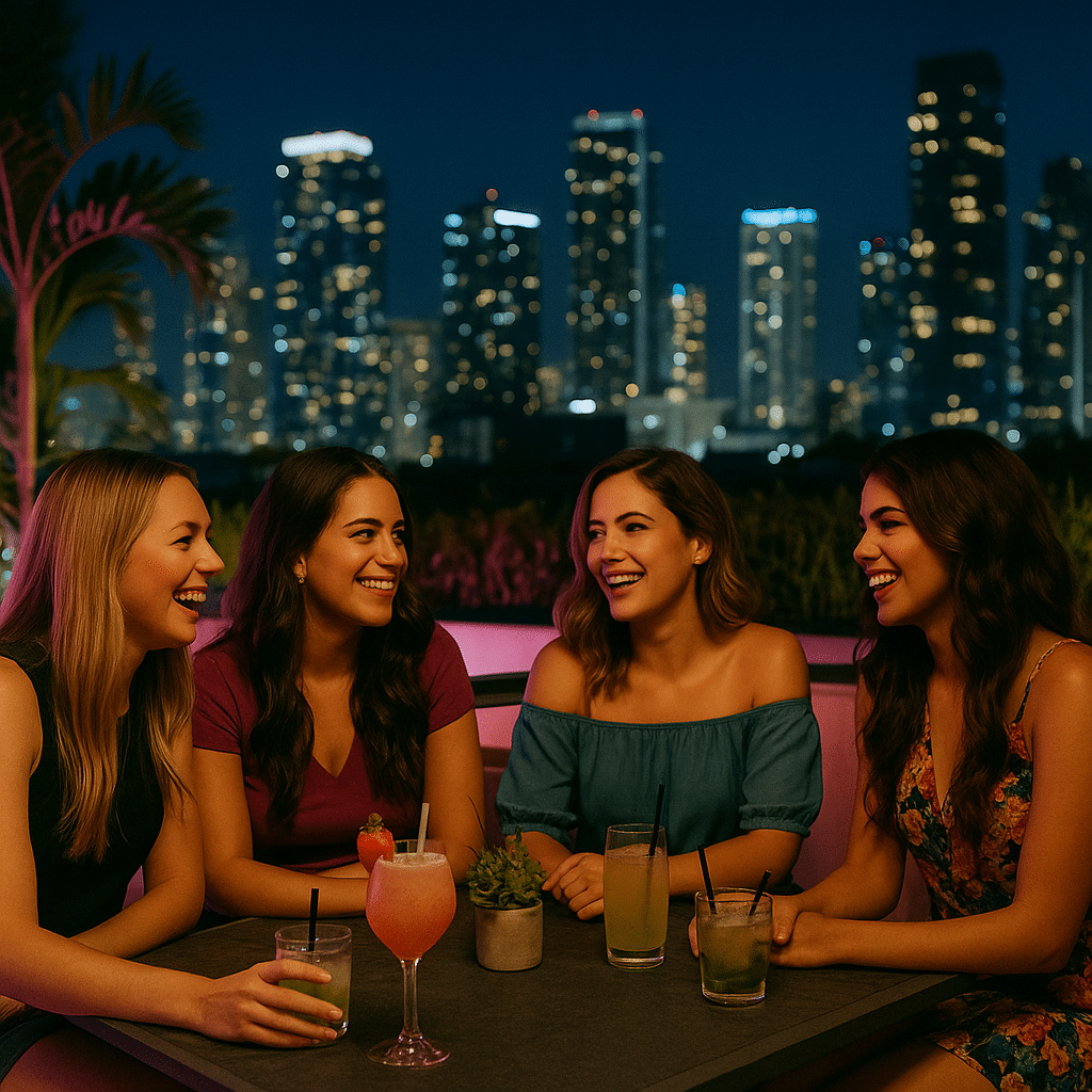 Four women laughing and enjoying cocktails at a rooftop bar with a glowing city skyline—perfect for “Girls’ Night Out? These Rooftops Know the Vibe.”